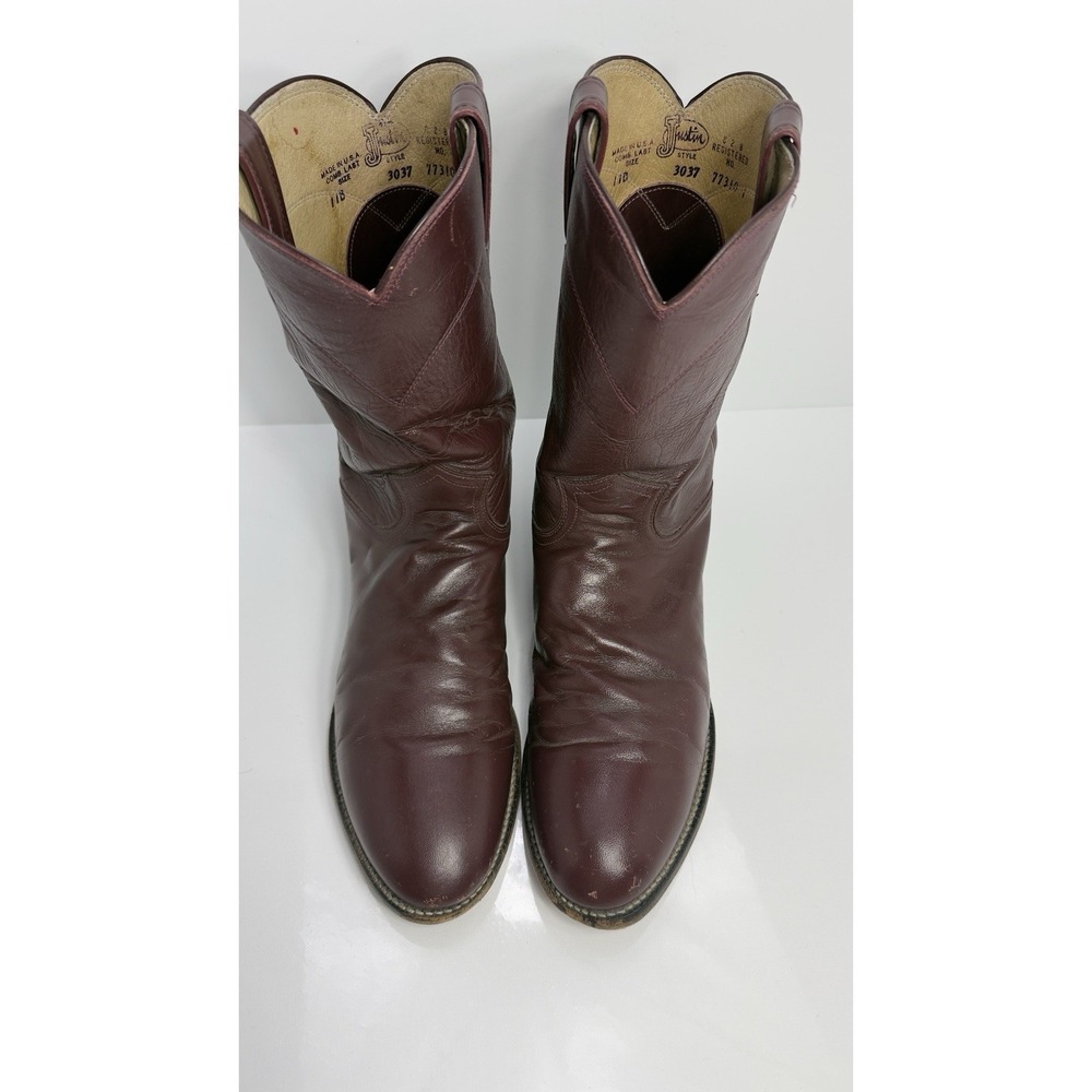 Justin 3037 Men 11 B Burgundy Leather Round Toe Ropers Western Cowboy Boots - Picture 3 of 11